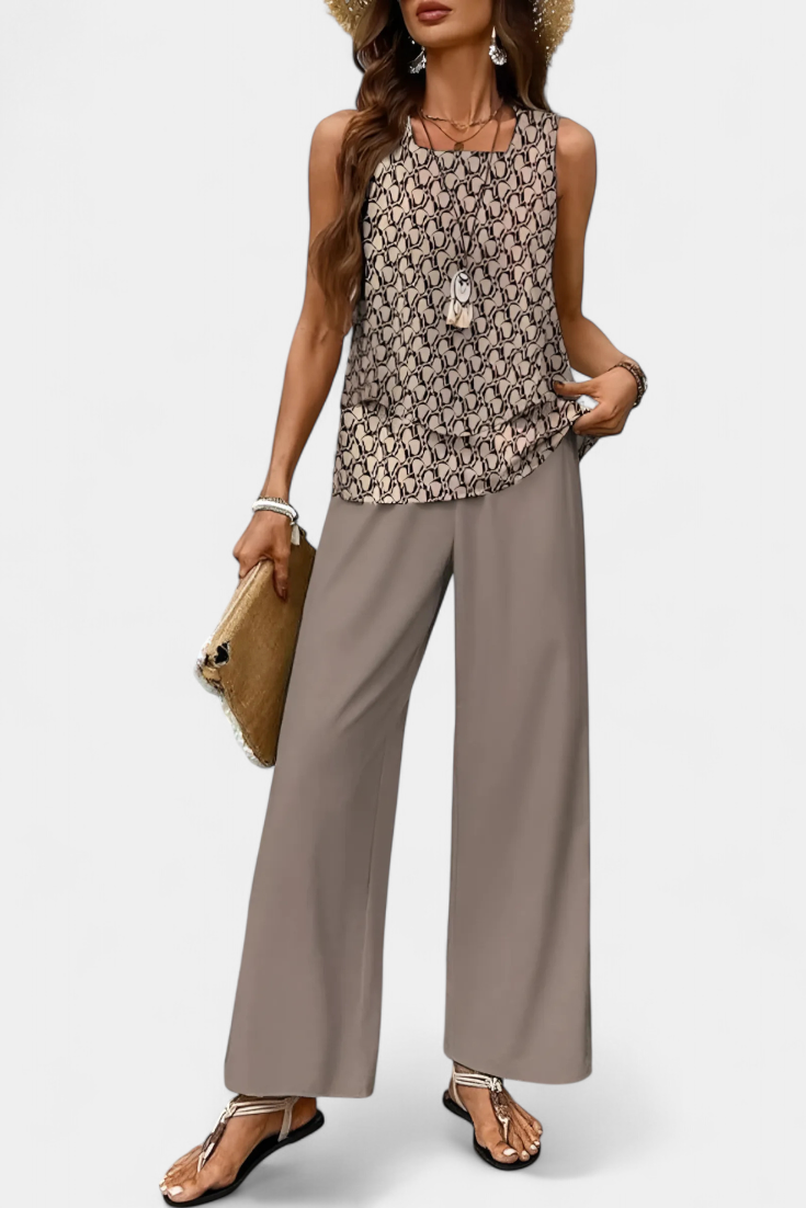 Conjunto Boho Elegante Sin Mangas con Pantalón Recto Estampado