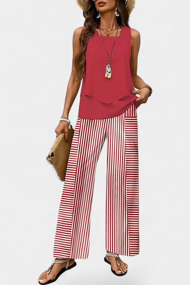 Conjunto Boho Elegante Sin Mangas con Pantalón Recto Estampado