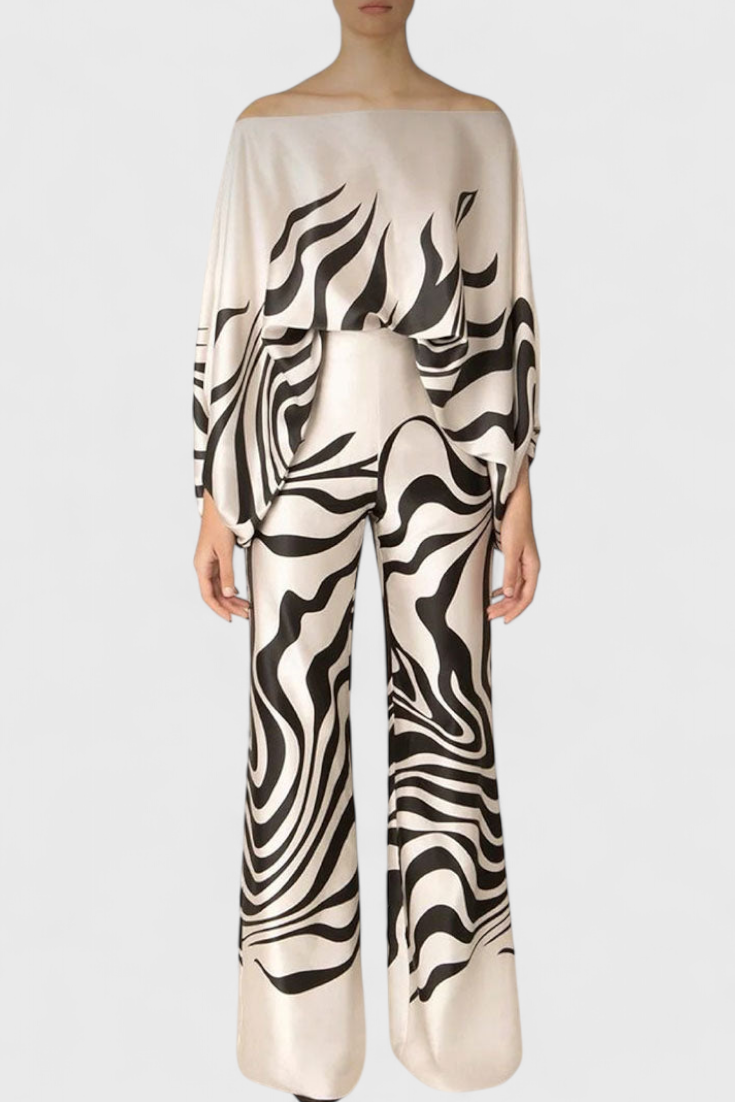Conjunto Estampado de Dos Piezas con Pantalones de Pierna Ancha