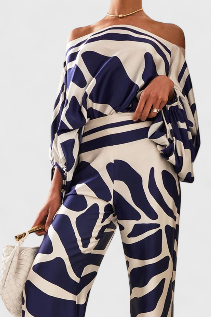 Conjunto Estampado de Dos Piezas con Pantalones de Pierna Ancha