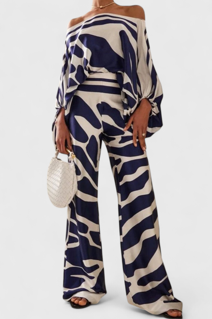 Conjunto Estampado de Dos Piezas con Pantalones de Pierna Ancha