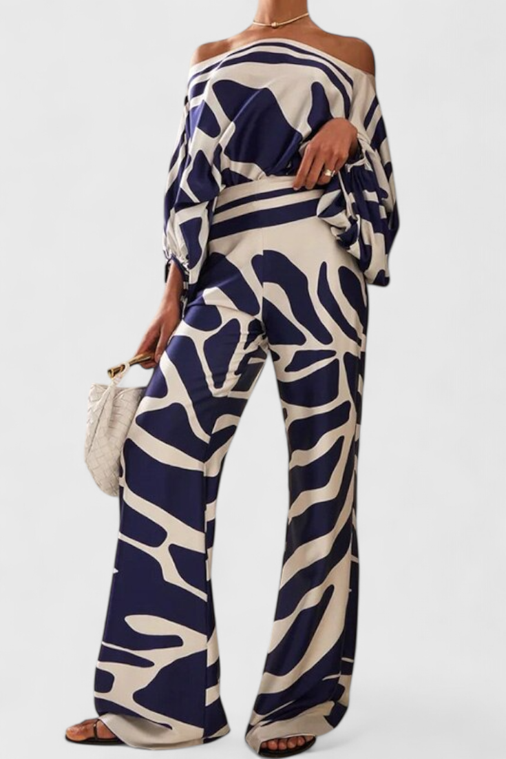 Conjunto Estampado de Dos Piezas con Pantalones de Pierna Ancha
