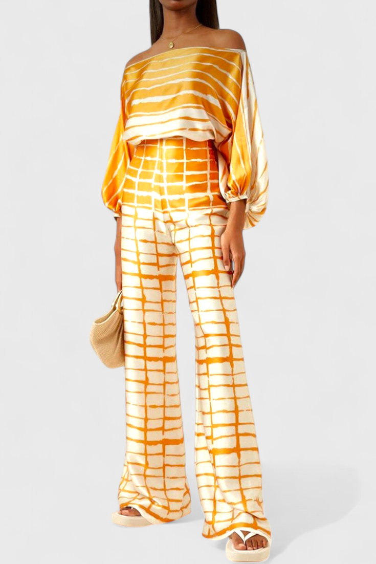 Conjunto Estampado de Dos Piezas con Pantalones de Pierna Ancha