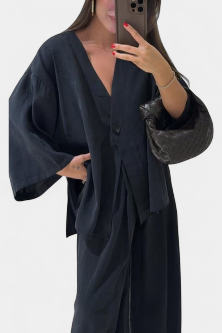 Conjunto Oversize de Top con Cuello en V y Pantalón Recto