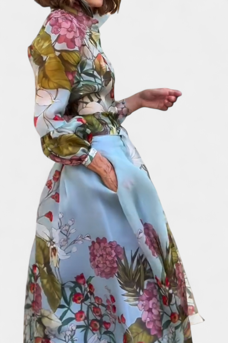 Conjunto Elegante Estampado de Camisa y Pantalón Fluido