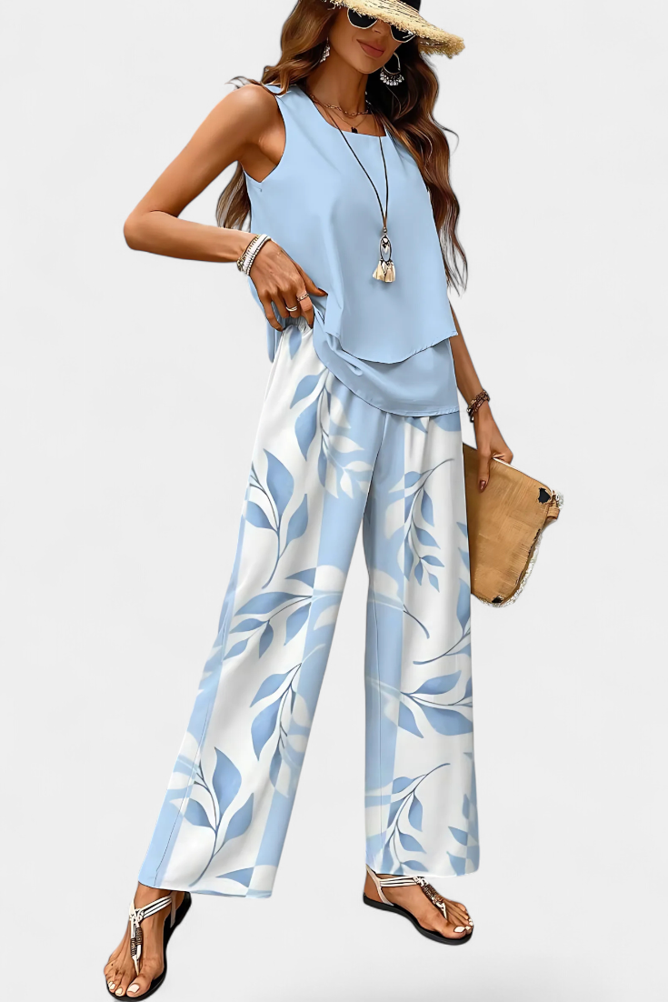 Conjunto Boho Elegante Sin Mangas con Pantalón Recto Estampado