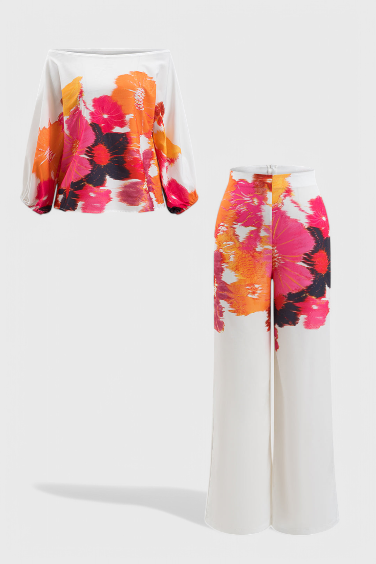 Conjunto Estampado de Dos Piezas con Pantalones de Pierna Ancha