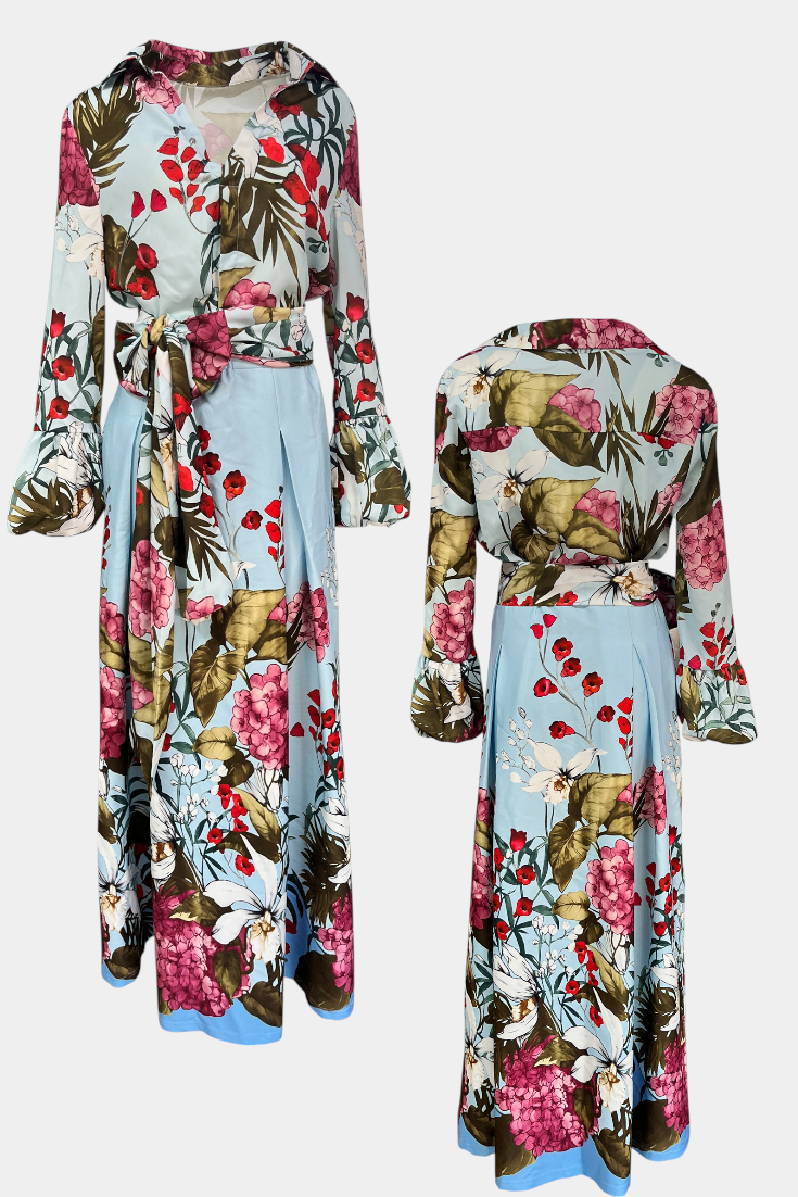 Conjunto Elegante Estampado de Camisa y Pantalón Fluido