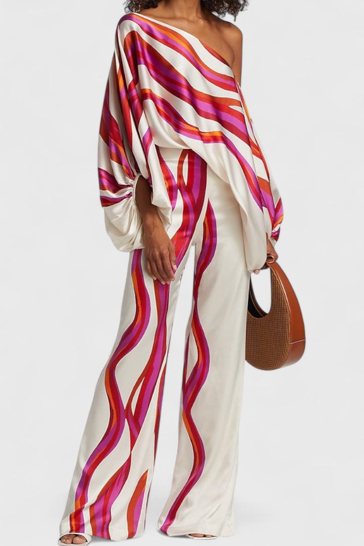 Conjunto Estampado de Dos Piezas con Pantalones de Pierna Ancha