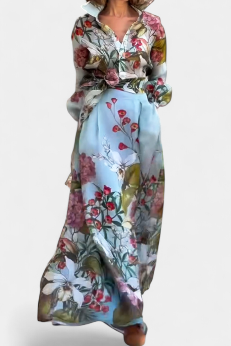 Conjunto Elegante Estampado de Camisa y Pantalón Fluido