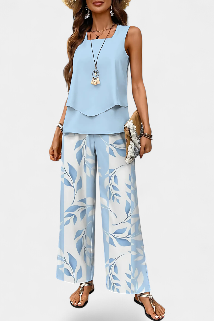 Conjunto Boho Elegante Sin Mangas con Pantalón Recto Estampado
